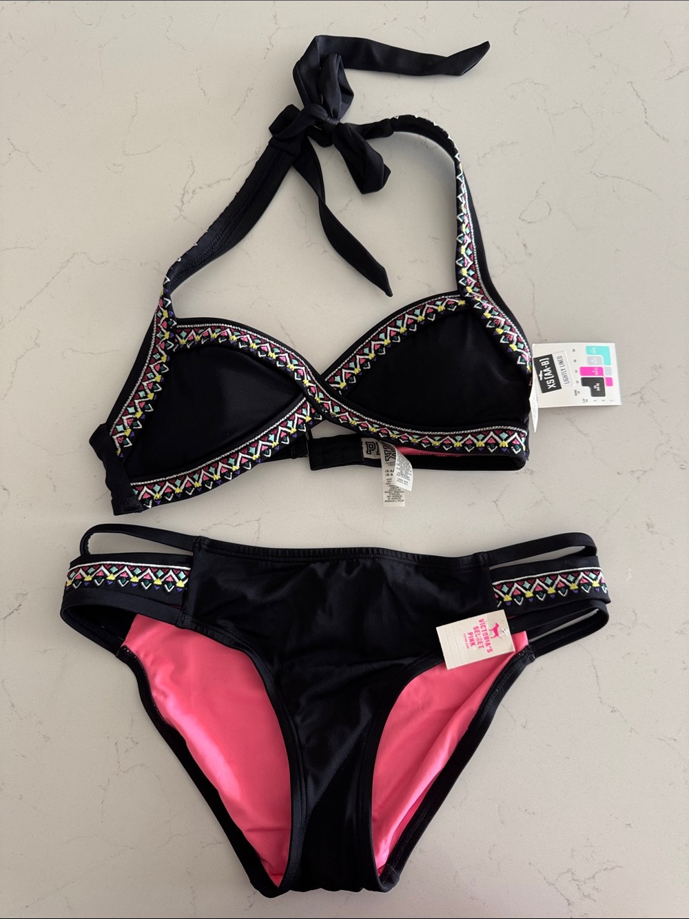 PINK Victoria's Secret Black Bikini Set with Pink Lining and Multicolor Trim